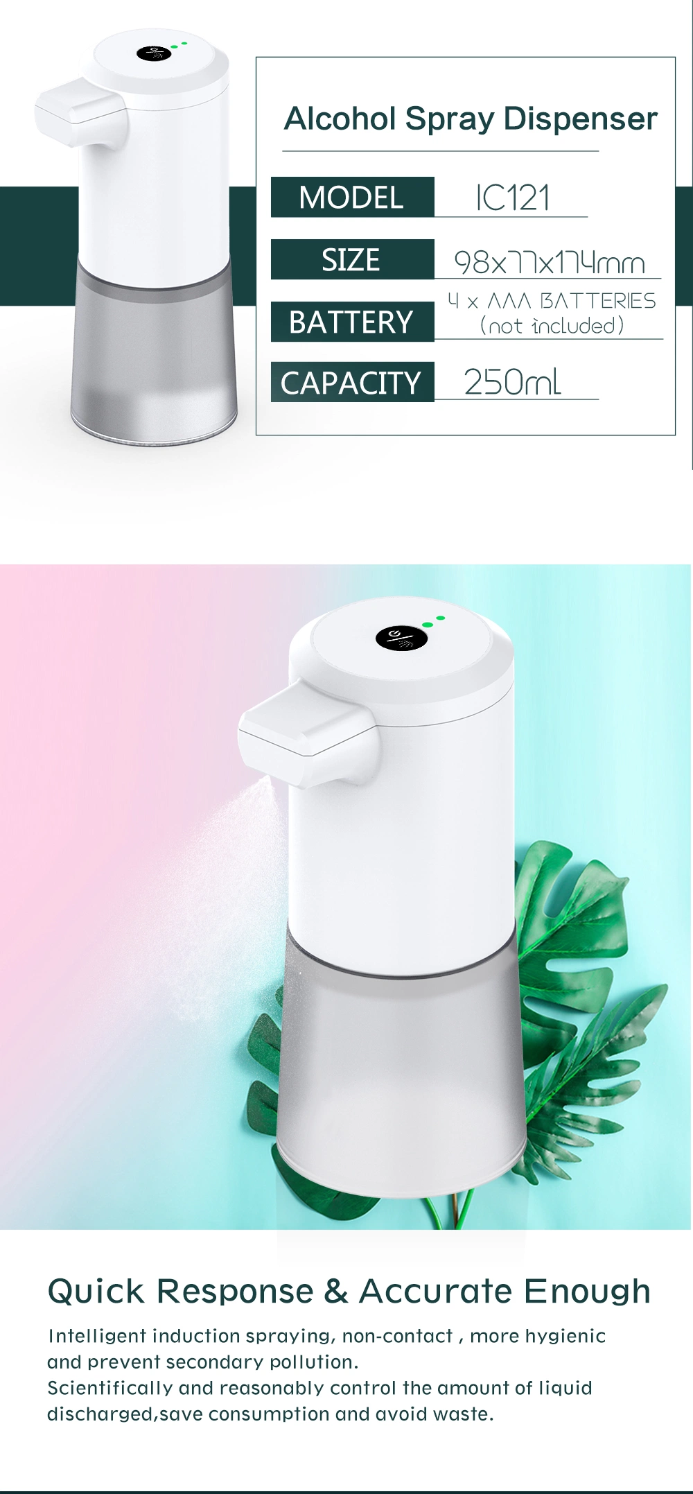 Factory Made White Contactless High Speed Automatic Sensor Alcohol Spray Soap Dispenser